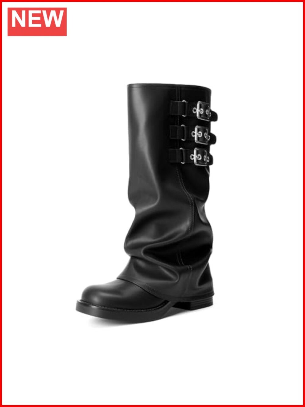 Fold-Over Knee High Boots Faux Leather Square Toe Low Heel Pull On